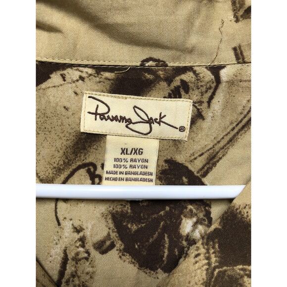 Panama Jack Mens XL Button Up Shirt Camp Collared Short Sleeve Beige Rayon - Picture 10 of 12